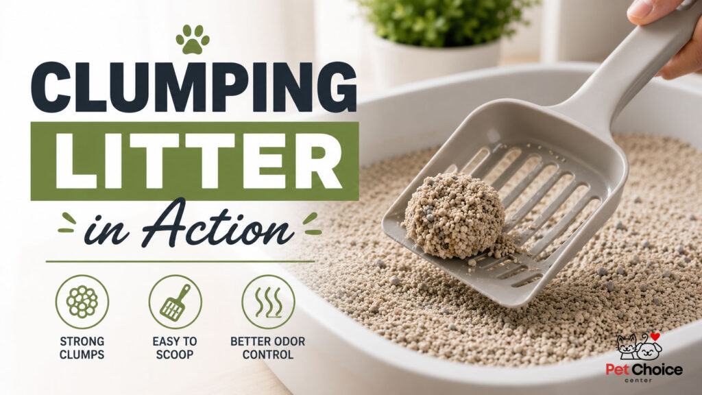 Clumping clay cat litter forming solid clumps for easy scooping